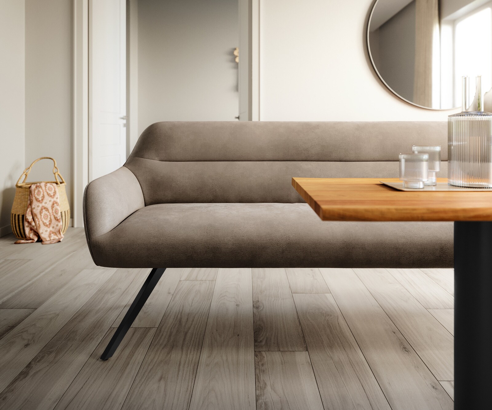 Esszimmerbank Taya-Flex 300 cm Mikrofaser Taupe Vintage Kreuzgestell kantig Schwarz Taschenfederkern 1