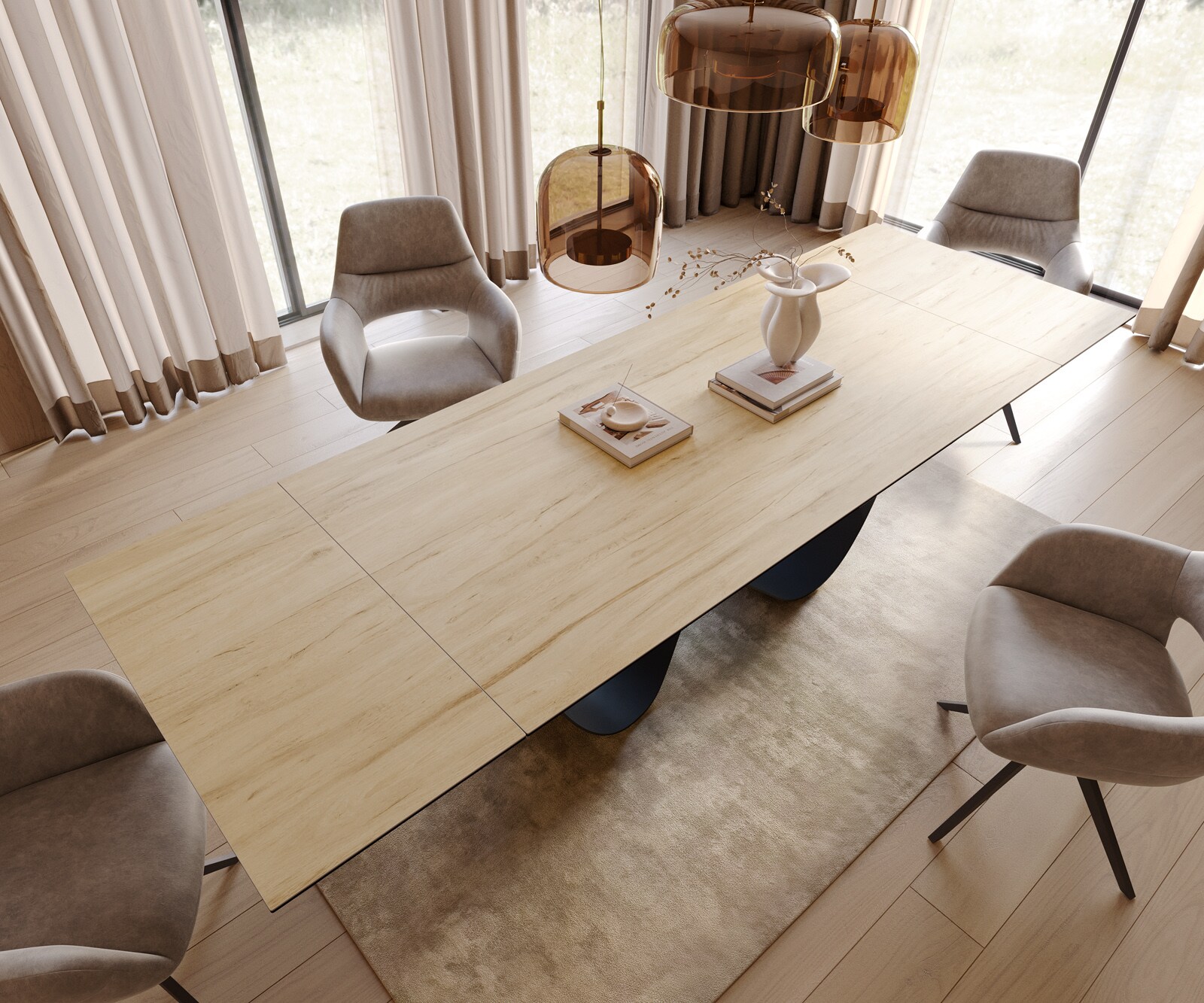 Esstisch Edge 200-300x100 cm Keramik Laminam® Sabbia Eichefarbig Infinity Metall Schwarz ausziehbar 3