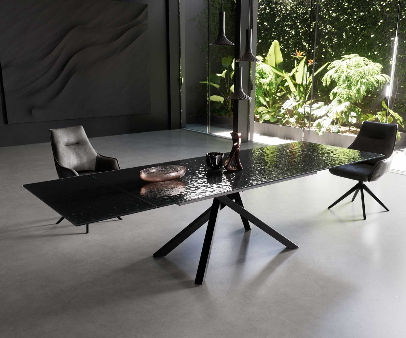 Esstisch Edge 200-300x100 Reliefglas Rauchschwarz 3D-Design Kreuzgestell Rechteck Schwarz ausziehbar Esstisch Edge 200-300x100 Reliefglas Rauchschwarz 3D-Design Kreuzgestell Rechteck Schwarz ausziehbar