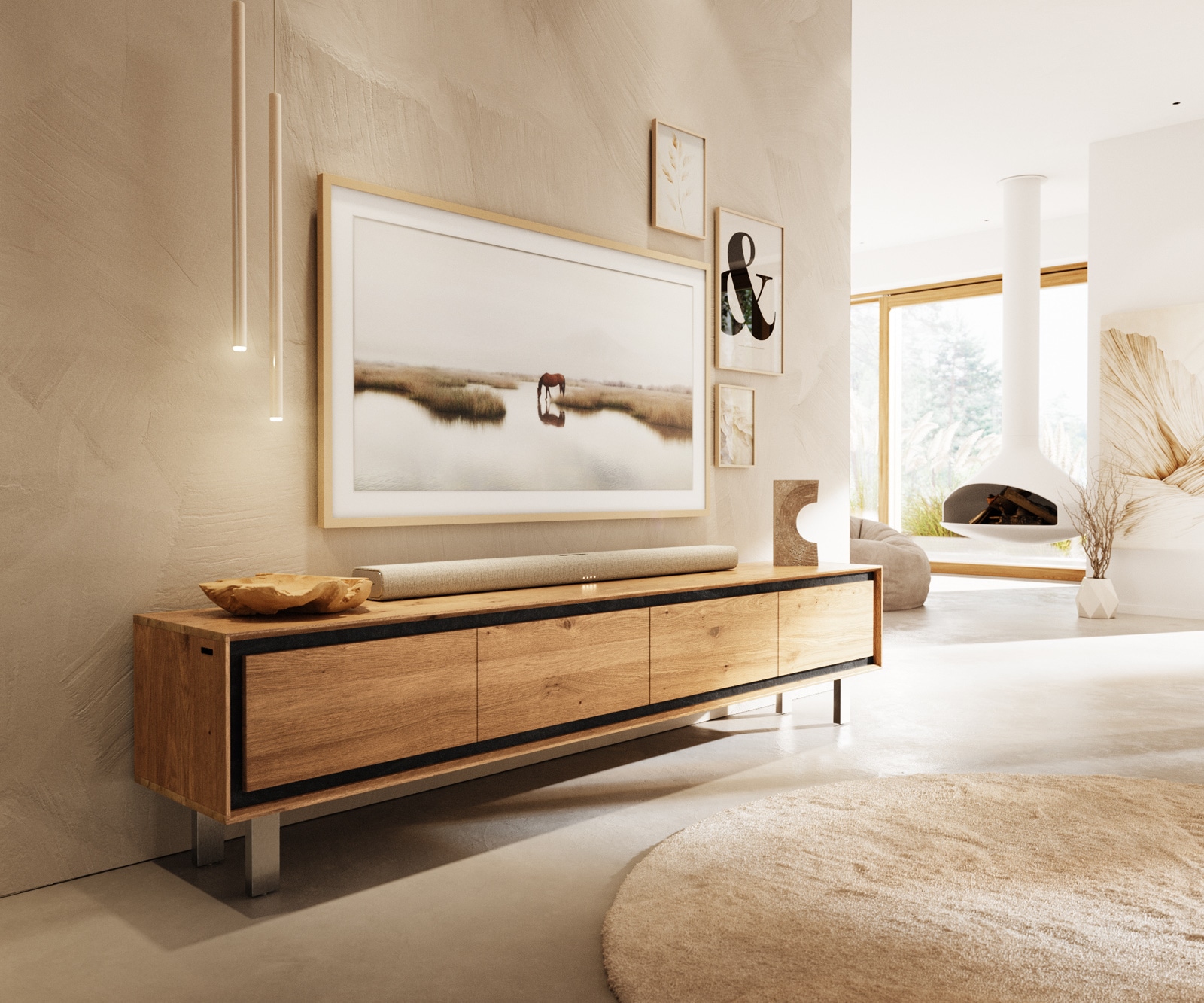 Lowboard Stonegrace 200 cm Eiche Natur 4 Türen Fuß Vierkant Edelstahl gebürstet Lowboard Stonegrace 200 cm Eiche Natur 4 Türen Fuß Vierkant Edelstahl gebürstet