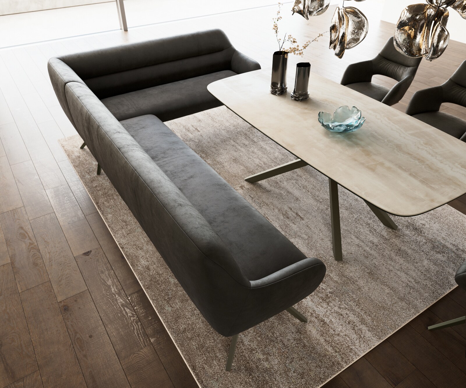 Esszimmerbank Taya-Flex 285x190 cm Mikrofaser Anthrazit Vintage Kreuzgestell kantig Effektfinish Titan Taschenfederkern Links 4