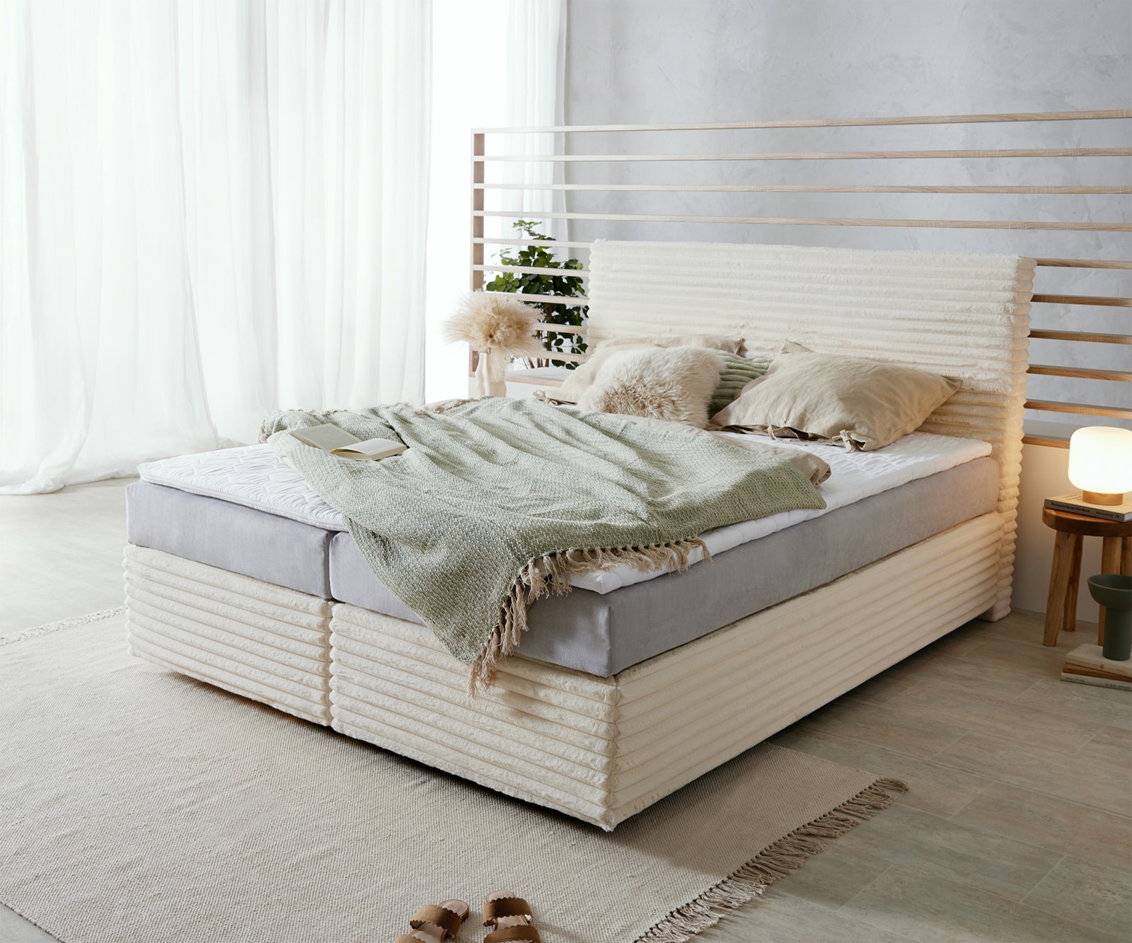 Boxspringbett Dream-Well Plüsch-Cord Beige 160x200 cm TFK-Matratze Visco-Topper Boxspringbett Dream-Well Plüsch-Cord Beige 160x200 cm TFK-Matratze Visco-Topper