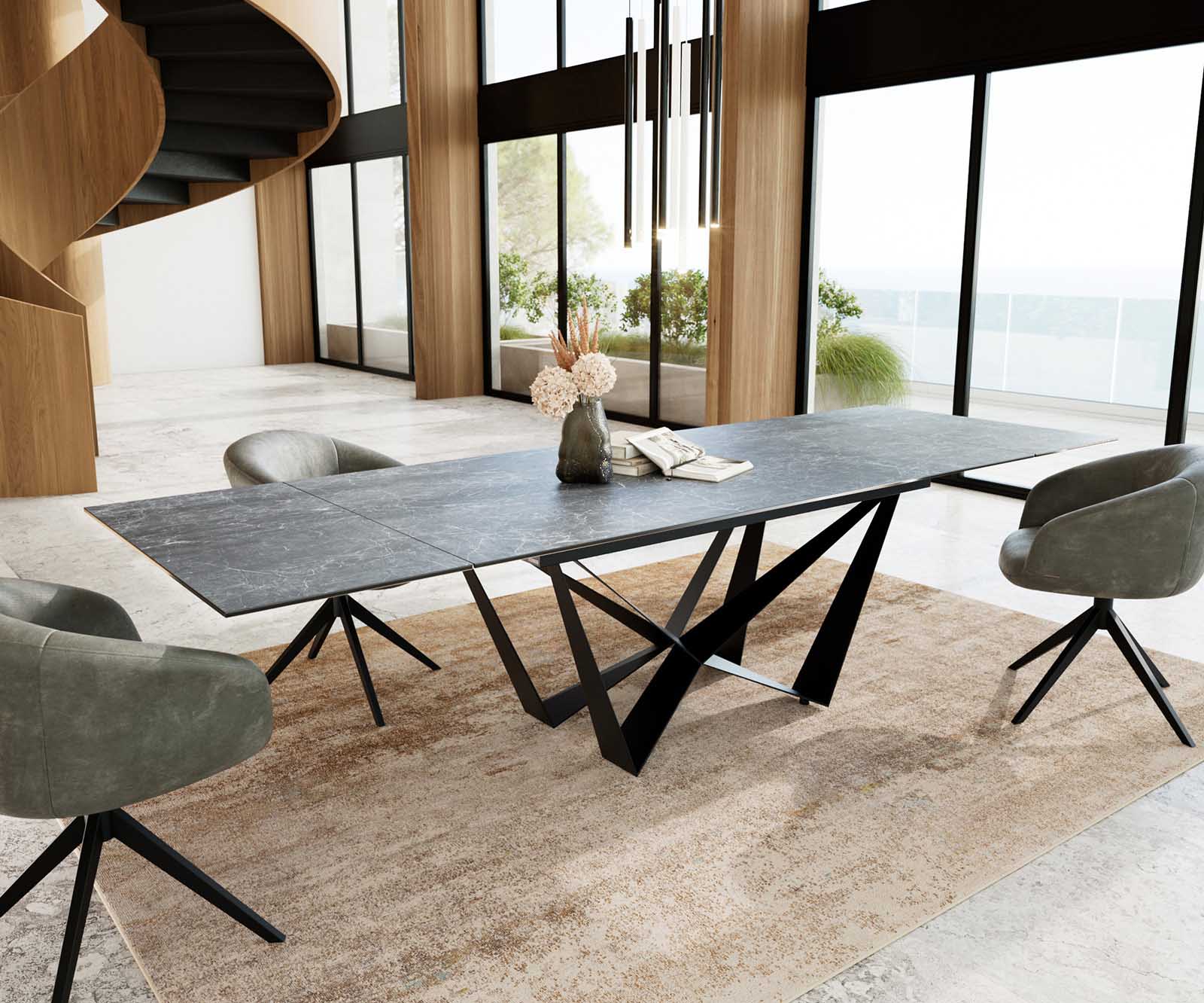 Esstisch Edge 200-300x100 Keramik Laminam®Nero Greco Anthrazit Spider Flachstahl Schwarz ausziehbar 4