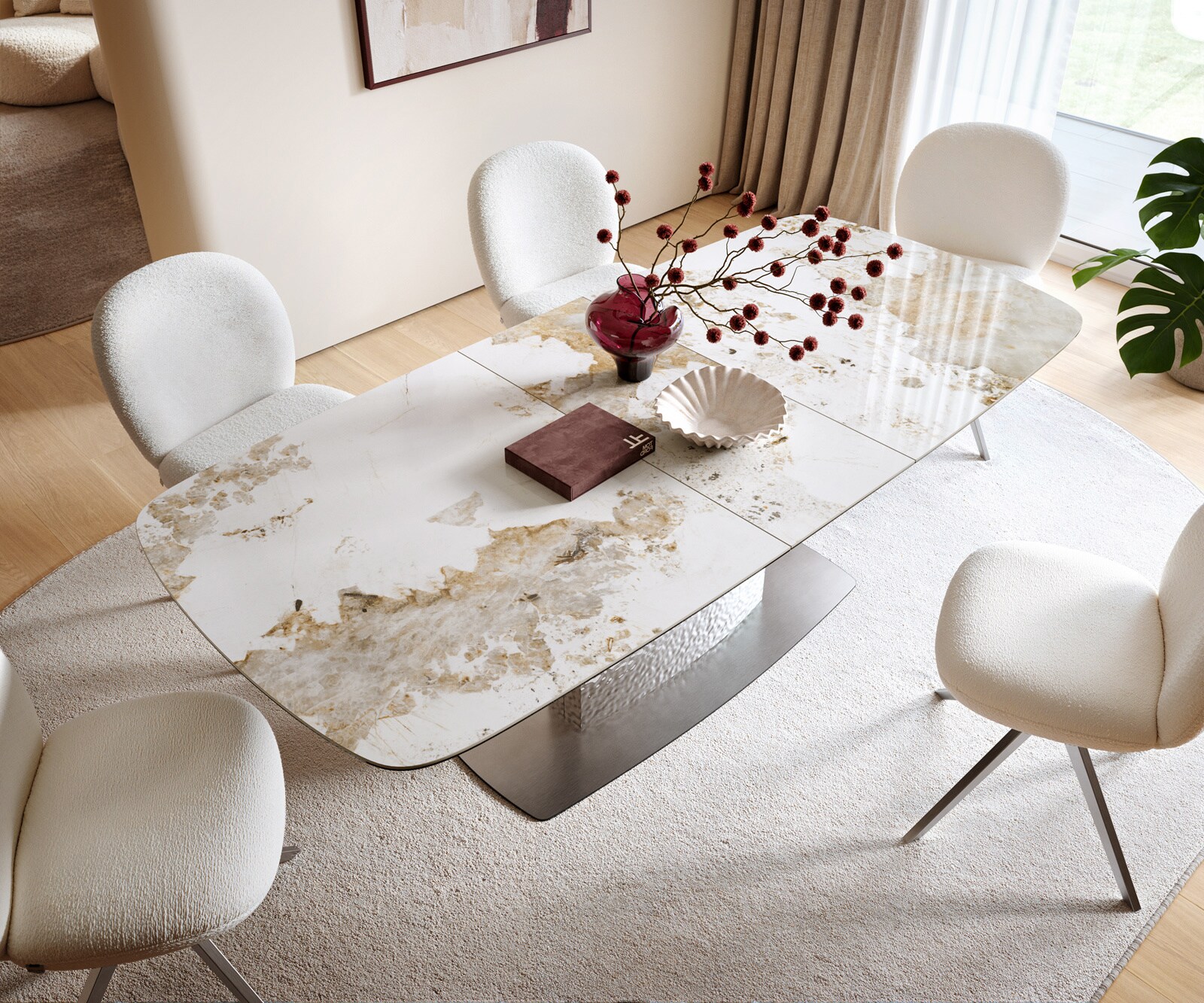 Esstisch Edge Boot 180-220x100 Keramik Minas Melange Weiß-Beige Wave Edelstahl ausziehbar 4