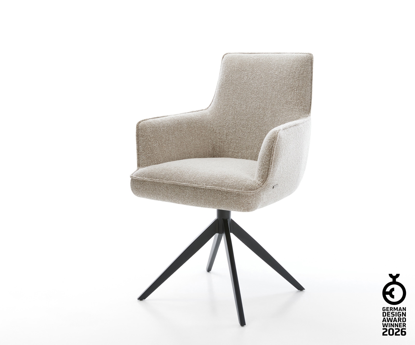Drehstuhl Heira-Flex mit Armlehnen Webstoff Soft Beige Kreuzgestell breit Schwarz 360° drehbar Wippfunktion Taschenfederkern