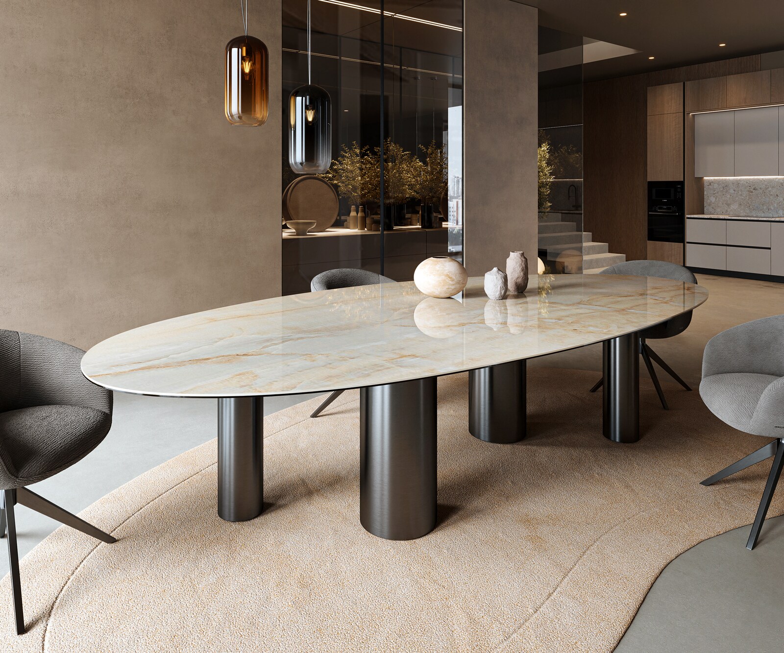 Esstisch Edge Oval 315x150 cm Keramik Iris FMG Onice Oro Pilier Metall Schwarz