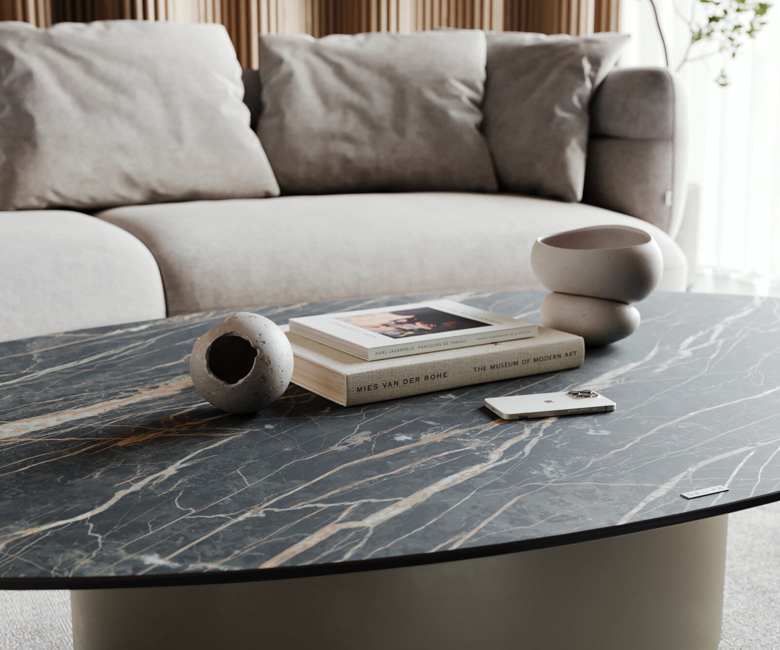 Couchtisch Casilda 150x90 cm Keramik Laminam®Noir Desir Braun Mittelfuß Effektfinish Titan 7