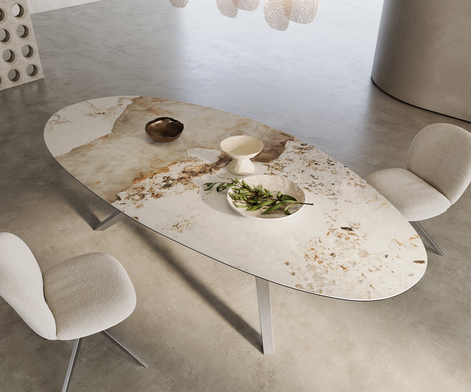 Esstisch Edge Oval 280x130 Keramik Minas Melange Weiß-Beige Zenthara kantig Edelstahl 1