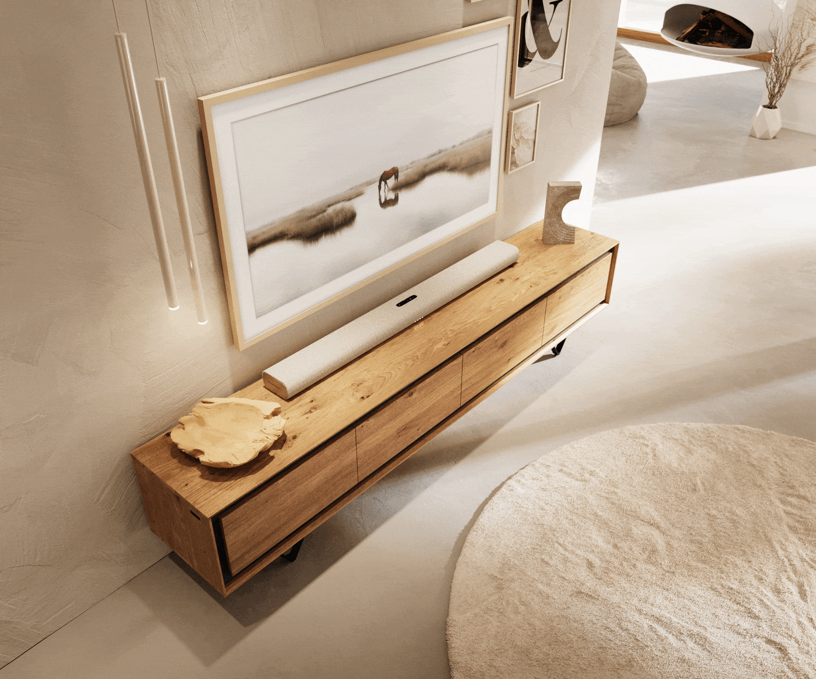 Lowboard Stonegrace 200 cm Eiche Natur 4 Türen Steinfurnier V-Fuß Metall Schwarz 3 Lowboard Stonegrace 200 cm Eiche Natur 4 Türen Steinfurnier V-Fuß Metall Schwarz 3