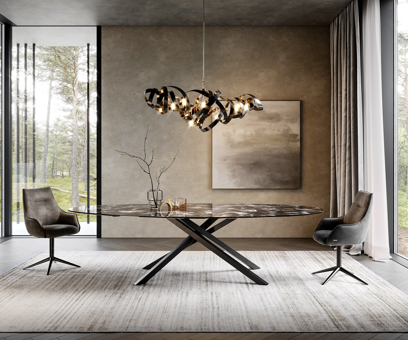 Esstisch Edge Oval 280x130 cm Keramik Iris FMG Agatablack Kreuzgestell Rechteck Schwarz