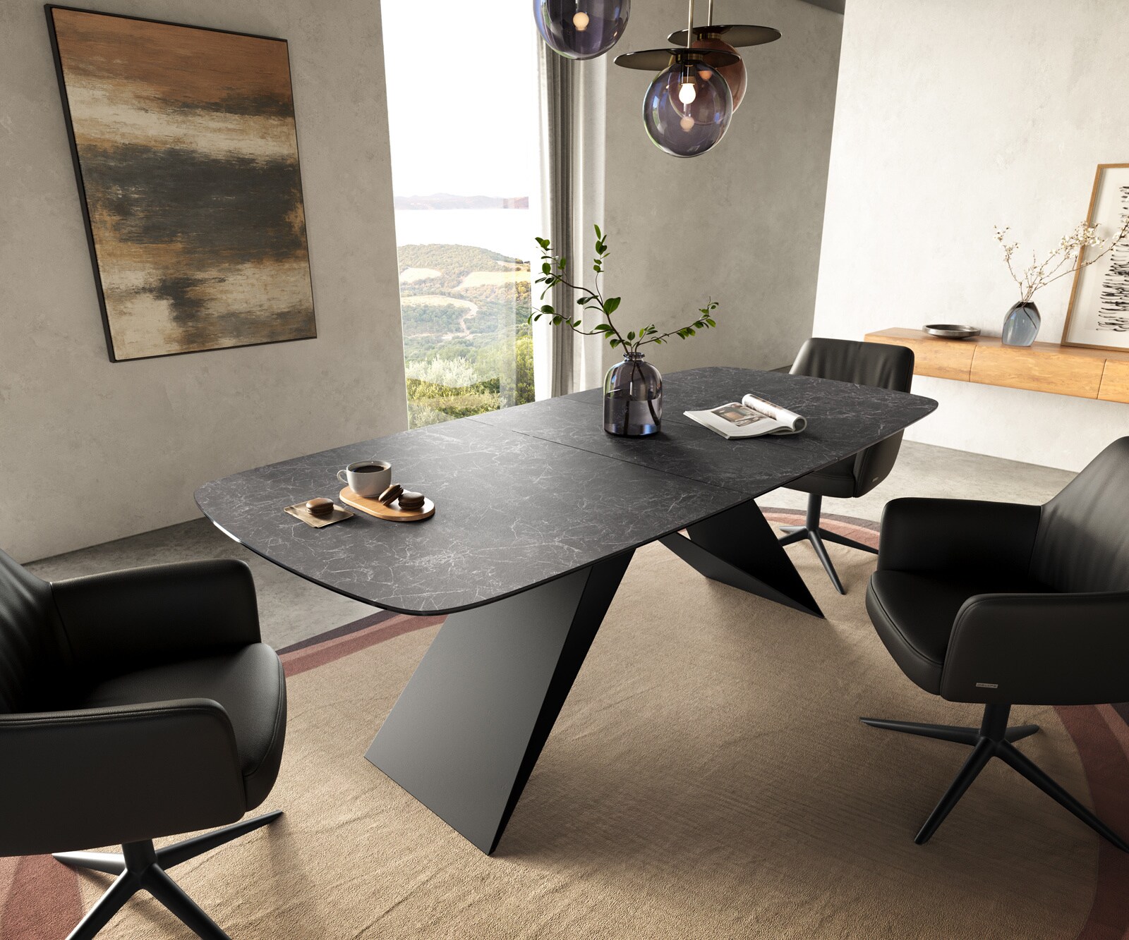 Esstisch Edge Boot 180-220x100 cm Keramik Laminam® Nero Greco Anthrazit V-Gestell Flachstahl Schwarz ausziehbar 1