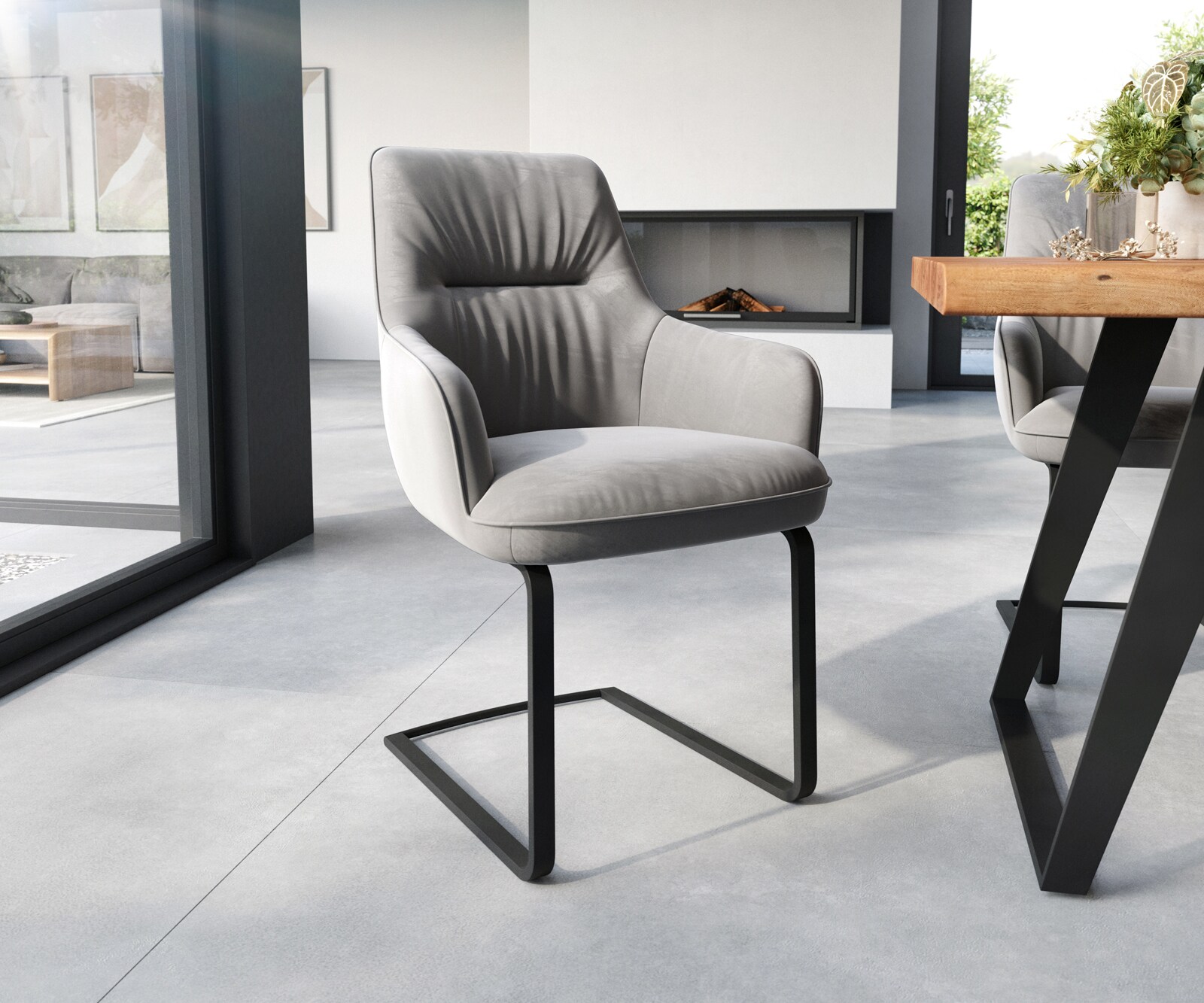Freischwinger Zelia-Flex mit Armlehnen Samt Grau Freischwinger flach Schwarz Taschenfederkern