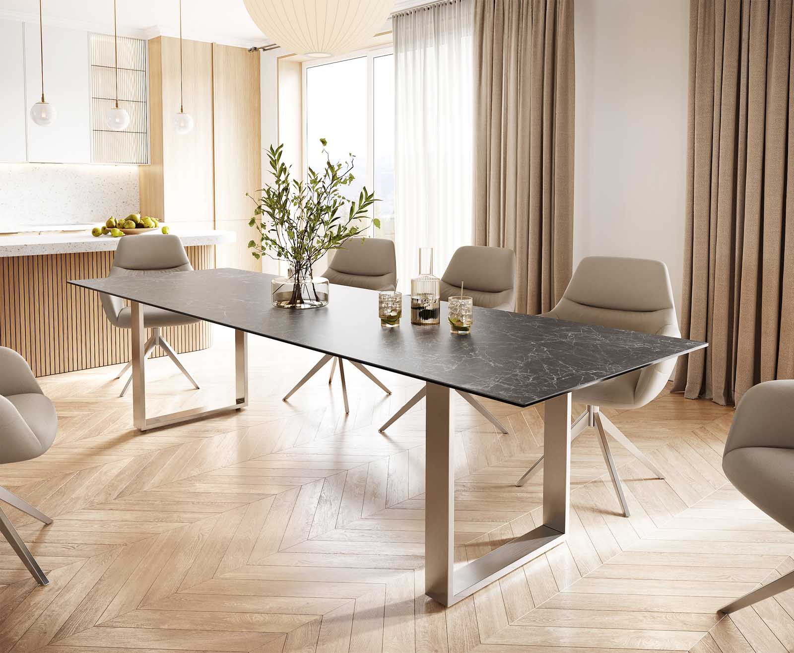 Esstisch Edge 300x100 Keramik Laminam® Nero Greco Anthrazit Edelstahl Schmal