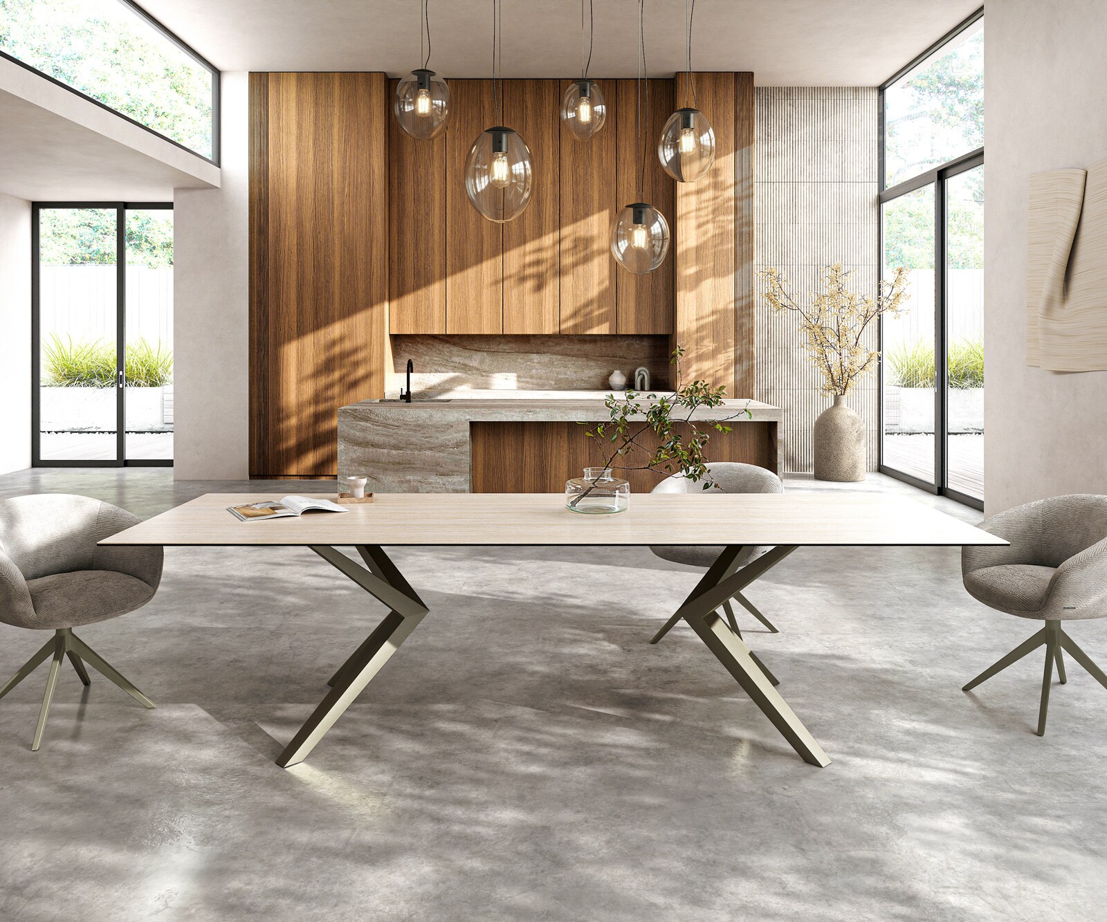 Esstisch Edge 300x100 Keramik Laminam® Travertino Bianco Creme-Weiß Zenthara kantig Metall Effektfinish Titan 2