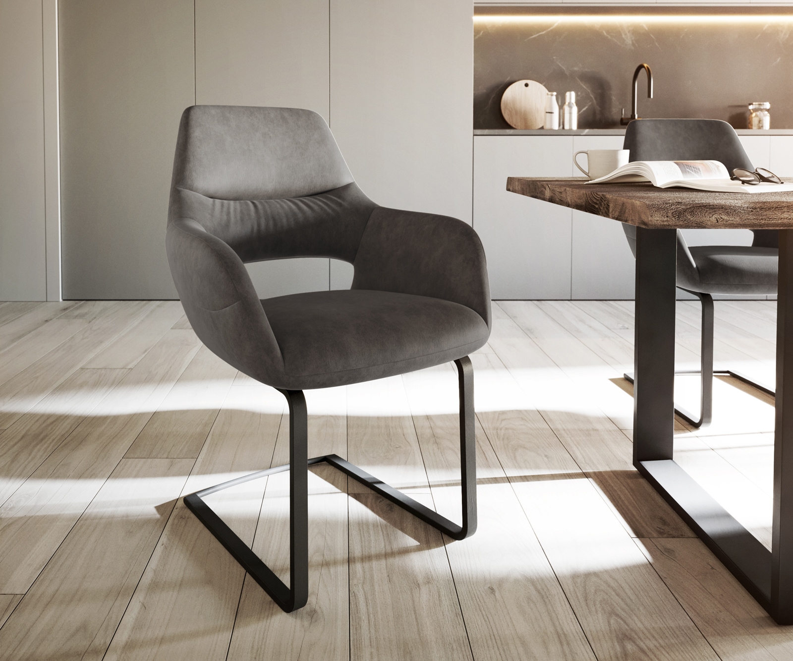 Freischwinger Yago-Flex mit Armlehnen Mikrofaser Anthrazit Vintage Freischwinger flach Schwarz Taschenfederkern Freischwinger Yago-Flex mit Armlehnen Mikrofaser Anthrazit Vintage Freischwinger flach Schwarz Taschenfederkern