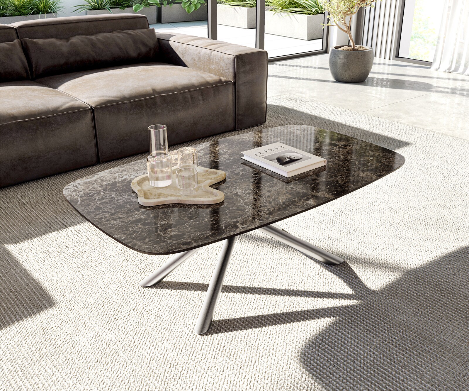 Couchtisch Edge Boot 120x70 cm Keramik Laminam® Emperador Extra Lucidato Dunkelbraun Sarity Edelstahl gebürstet