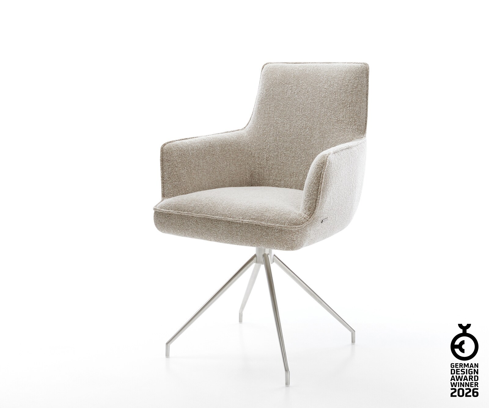 Esszimmerstuhl Heira-Flex mit Armlehnen Webstoff Soft Beige Kreuzgestell konisch Edelstahl Taschenfederkern