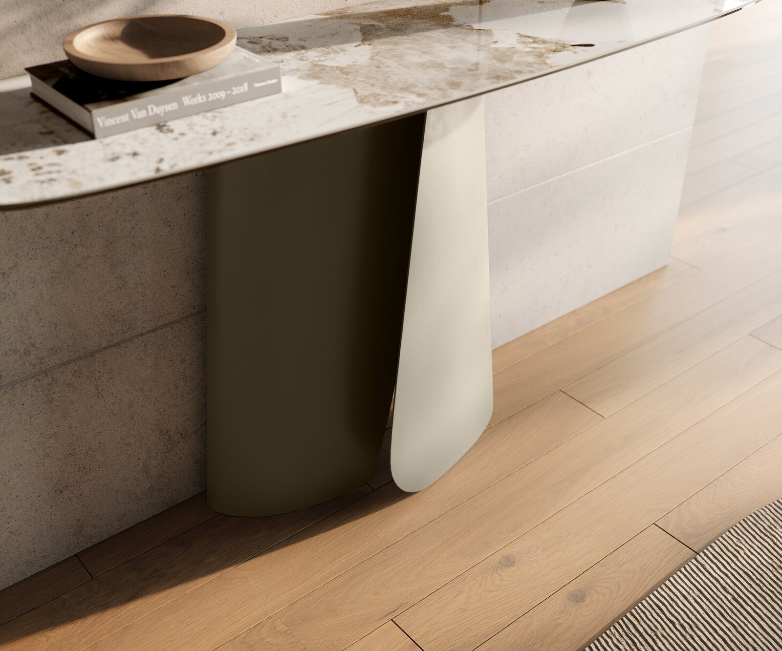 Konsolentisch Edge Boot 140x40 cm Keramik Minas Melange Weiß-Beige Livos Metall Effektfinish Titan 5