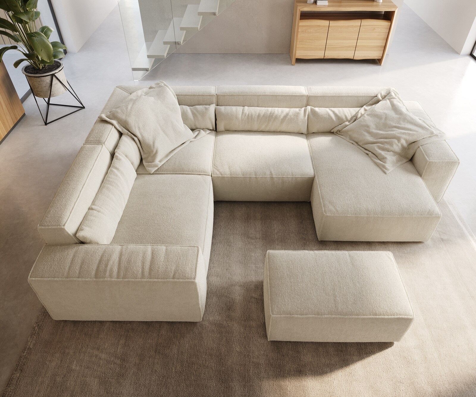 Wohnlandschaft Sirpio 300x200 cm Bouclé Creme-Weiß Recamiere variabel mit Hocker 4