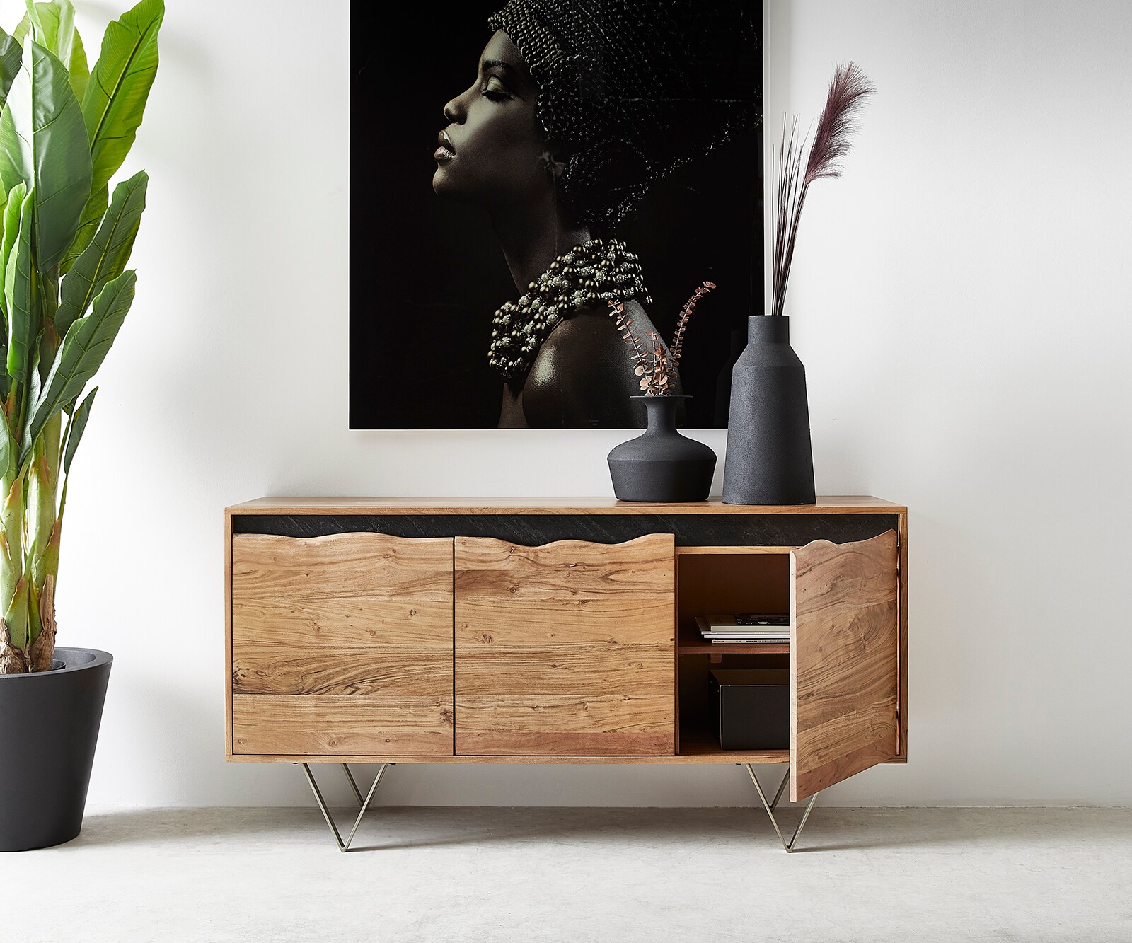Sideboard Stonegrace 147x45 cm Akazie Natur 3 Türen Baumkante 3
