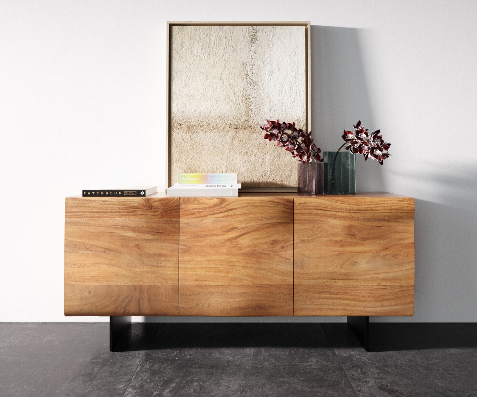 Sideboard New Live-Edge 145 cm Akazie Natur 3 Türen Fuß Schwebeoptik Metall Schwarz 3