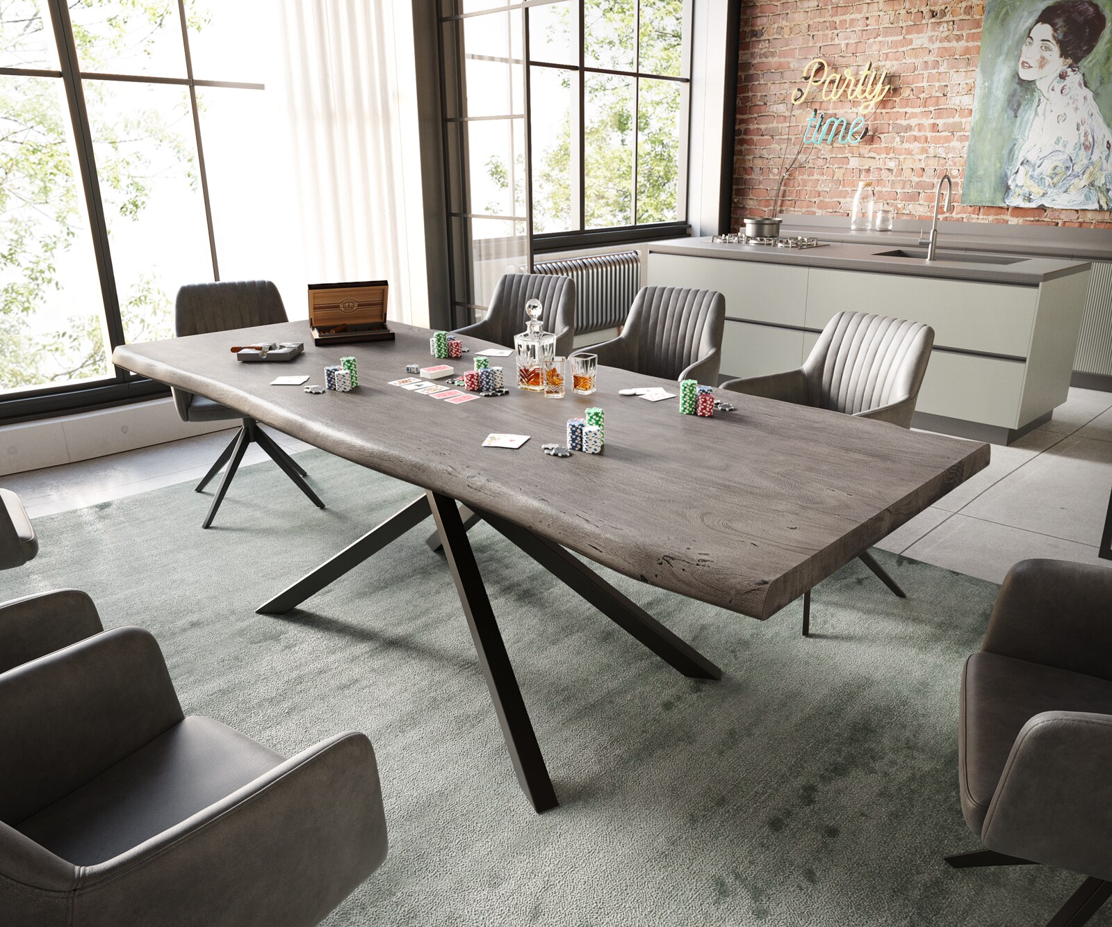 DELIFE Esstisch Edge 240x100 XL Akazie Platin Kreuzgestell Rechteck Schwarz Live-Edge