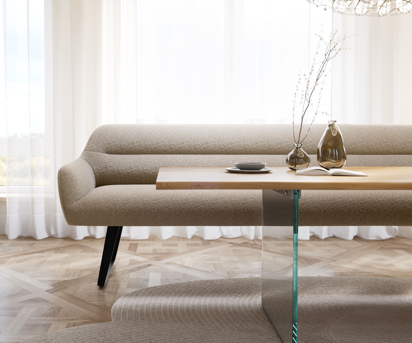 Esszimmerbank Taya-Flex 300 cm Bouclé Schlamm Kufengestell flach Schwarz Taschenfederkern 2