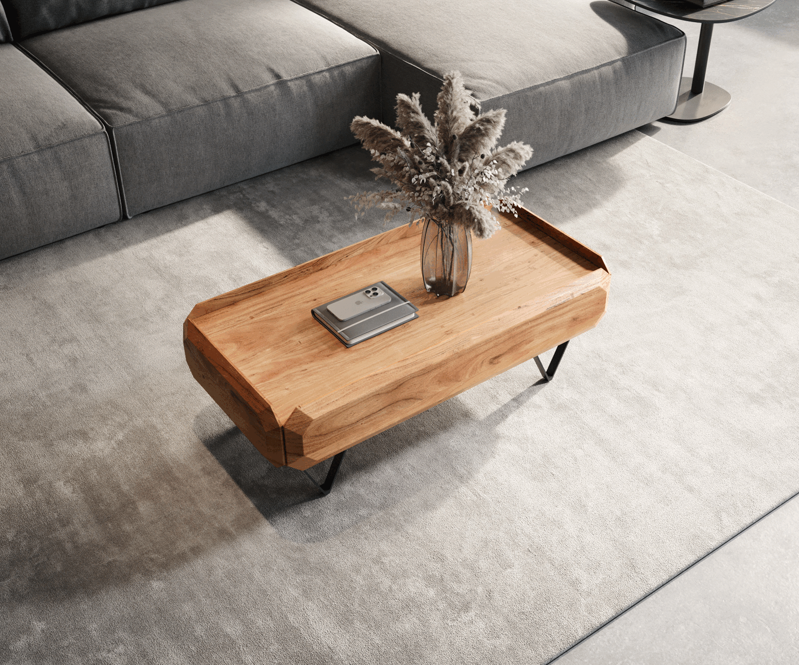 Couchtisch Kiano 100x50 cm Akazie Natur 2 Schübe V-Fuß Schwarz 4