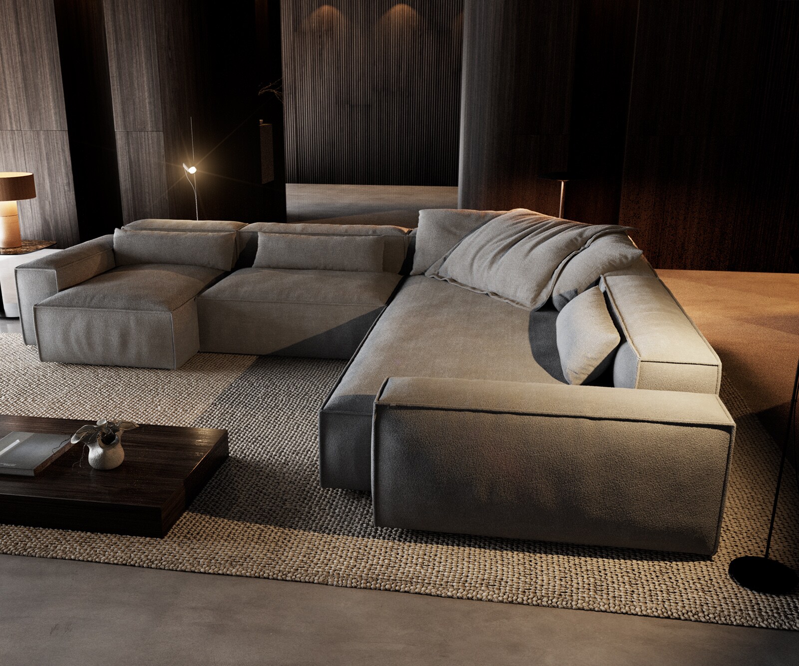 Wohnlandschaft Freestyle 360x290 cm Strukturstoff Soft Grau Kedernaht 3