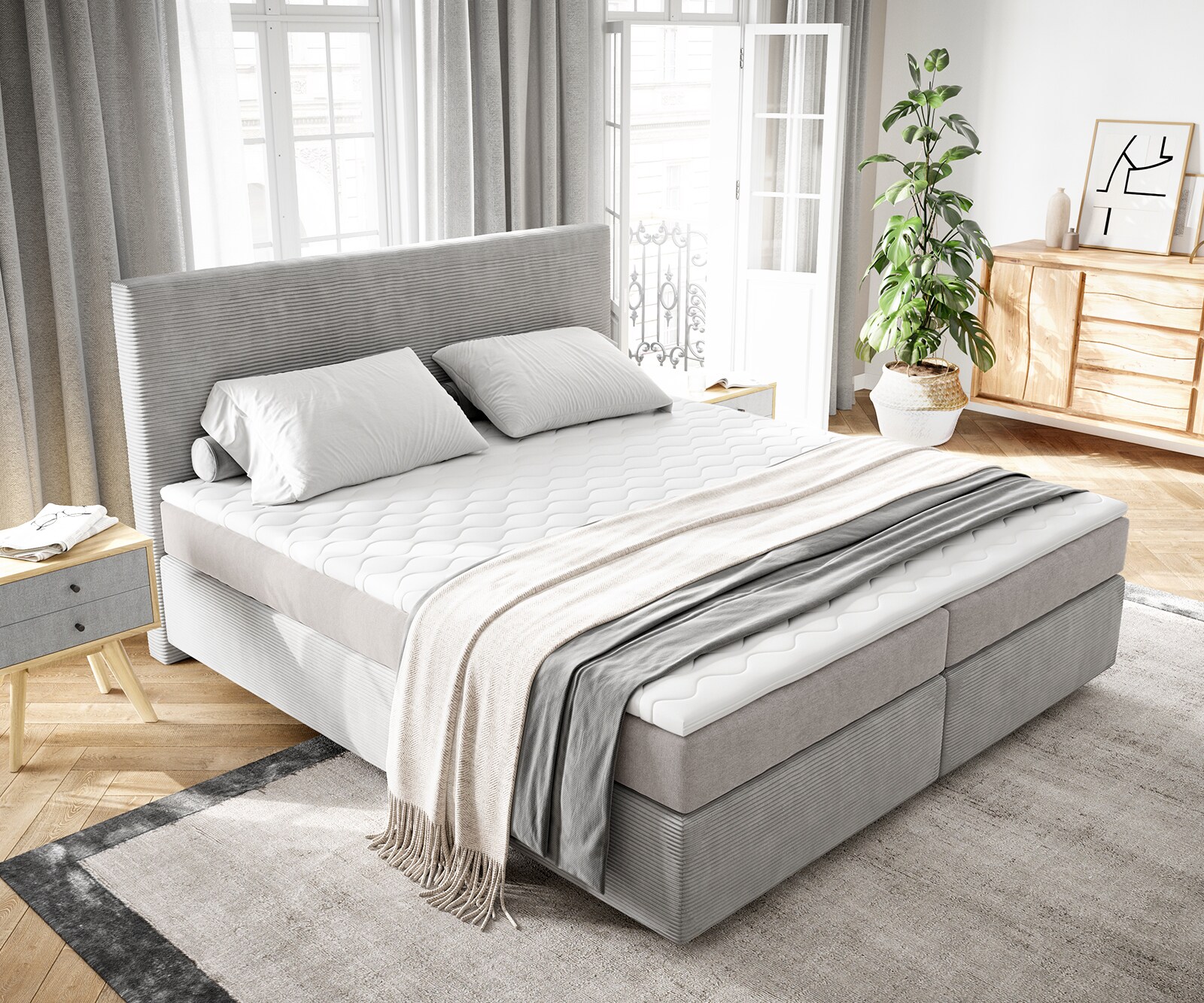 Boxspringbett Dream-Well 160x200 cm Cord Silbergrau mit Taschenfederkernmatratze und Topper Visco 3