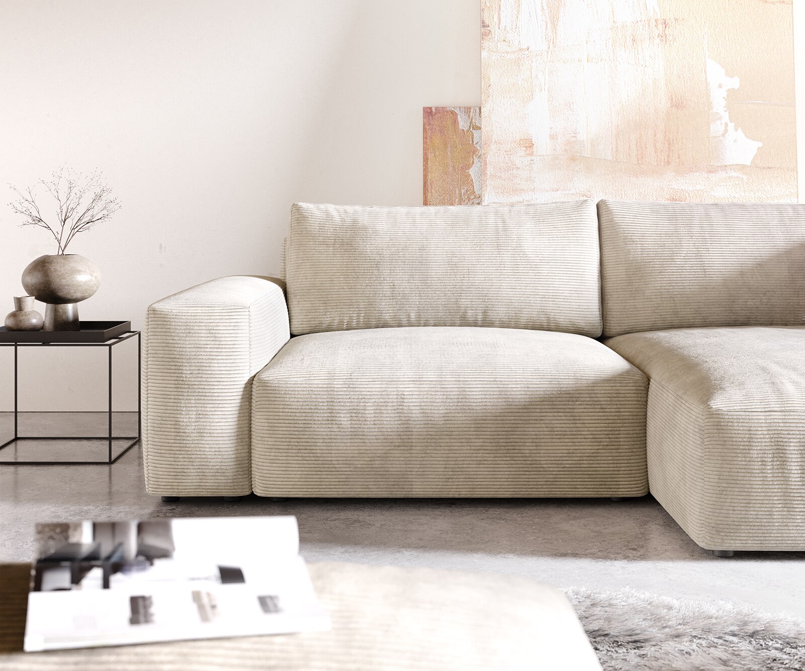 Ecksofa Lanzo XL 270x180 cm Cord Beige Recamiere variabel mit Hocker 4