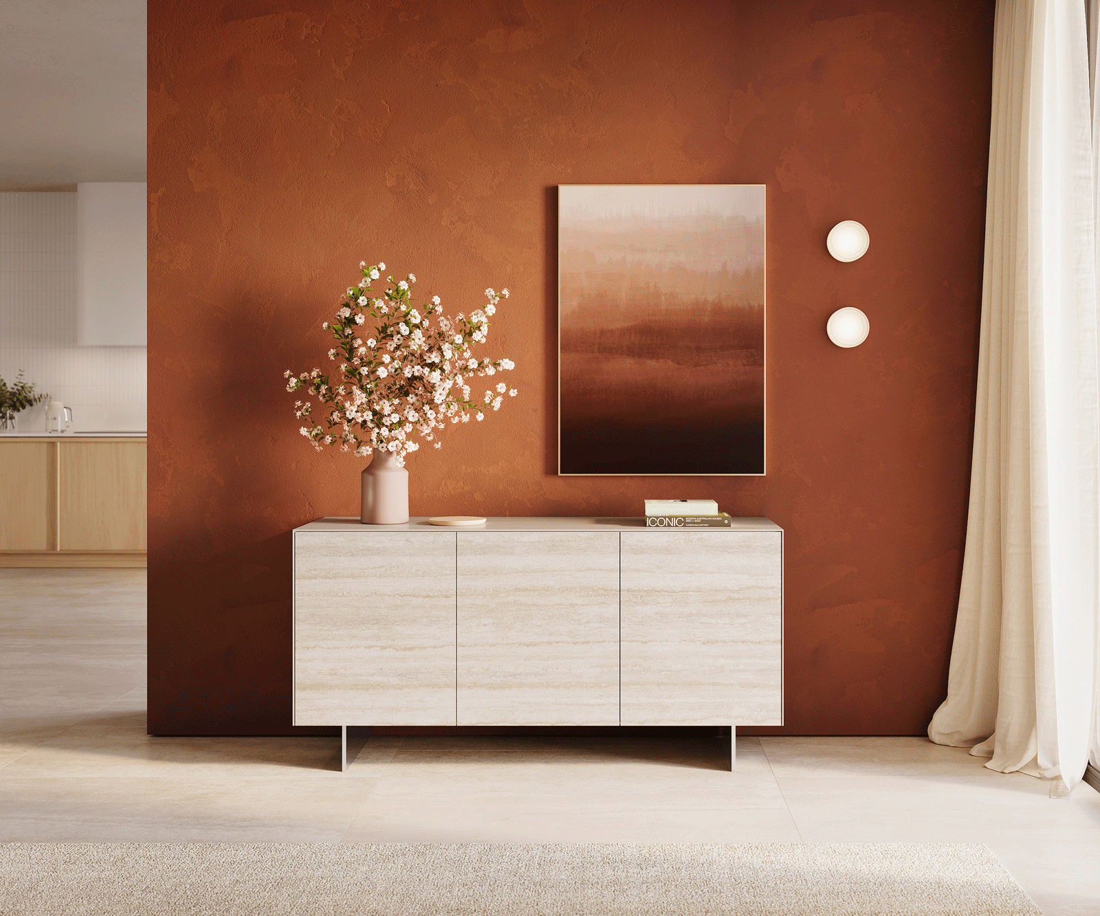 Sideboard Cuor 150 cm Keramik Laminam® Travertino Bianco Creme-Weiß 3 Türen Fuß Schwebeoptik Edelstahl 2