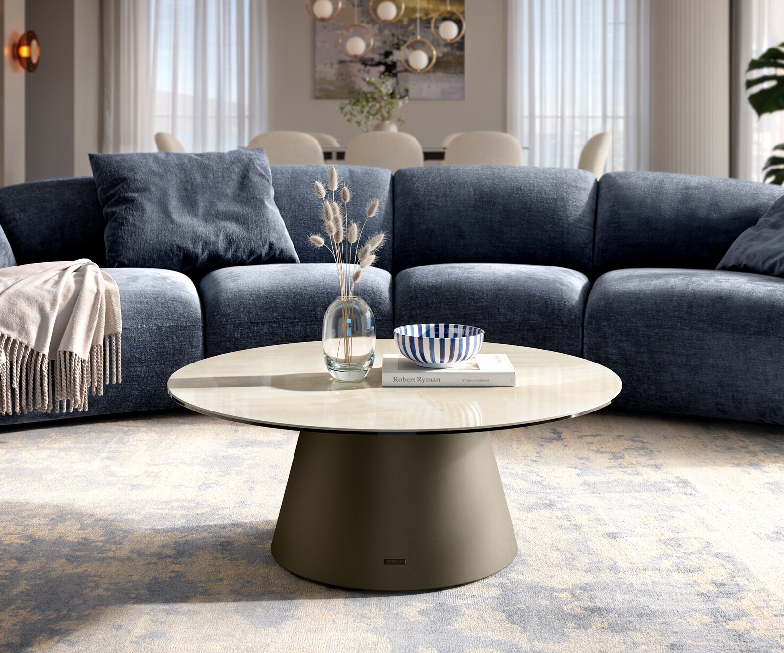 Couchtisch Edge Rund 90x90 cm Keramik Onyx Champagne Borna Effektfinish Titan
