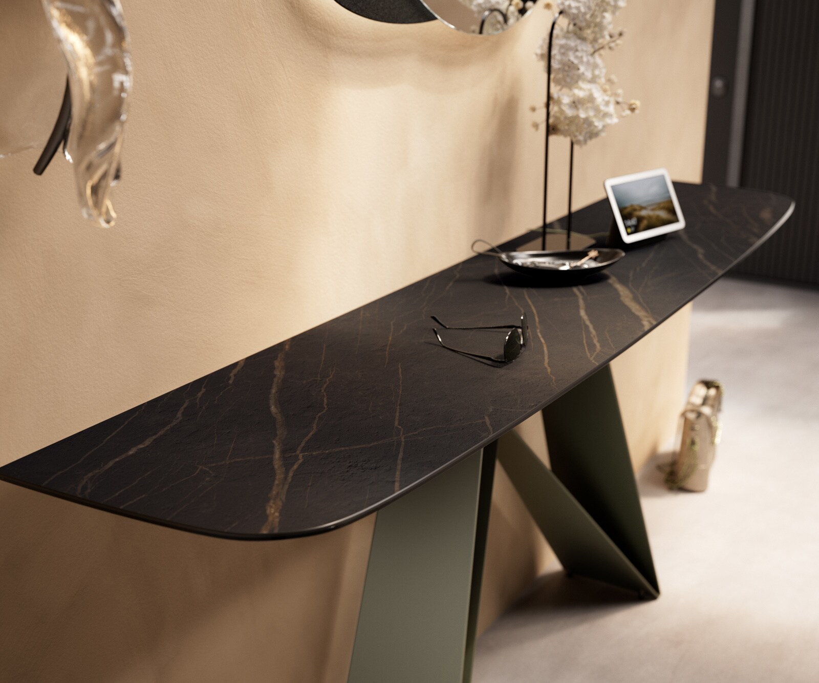 Konsolentisch Edge Boot 180x40 cm Keramik Laminam® Noir Desir Braun Velio Metall Effektfinish Titan 5