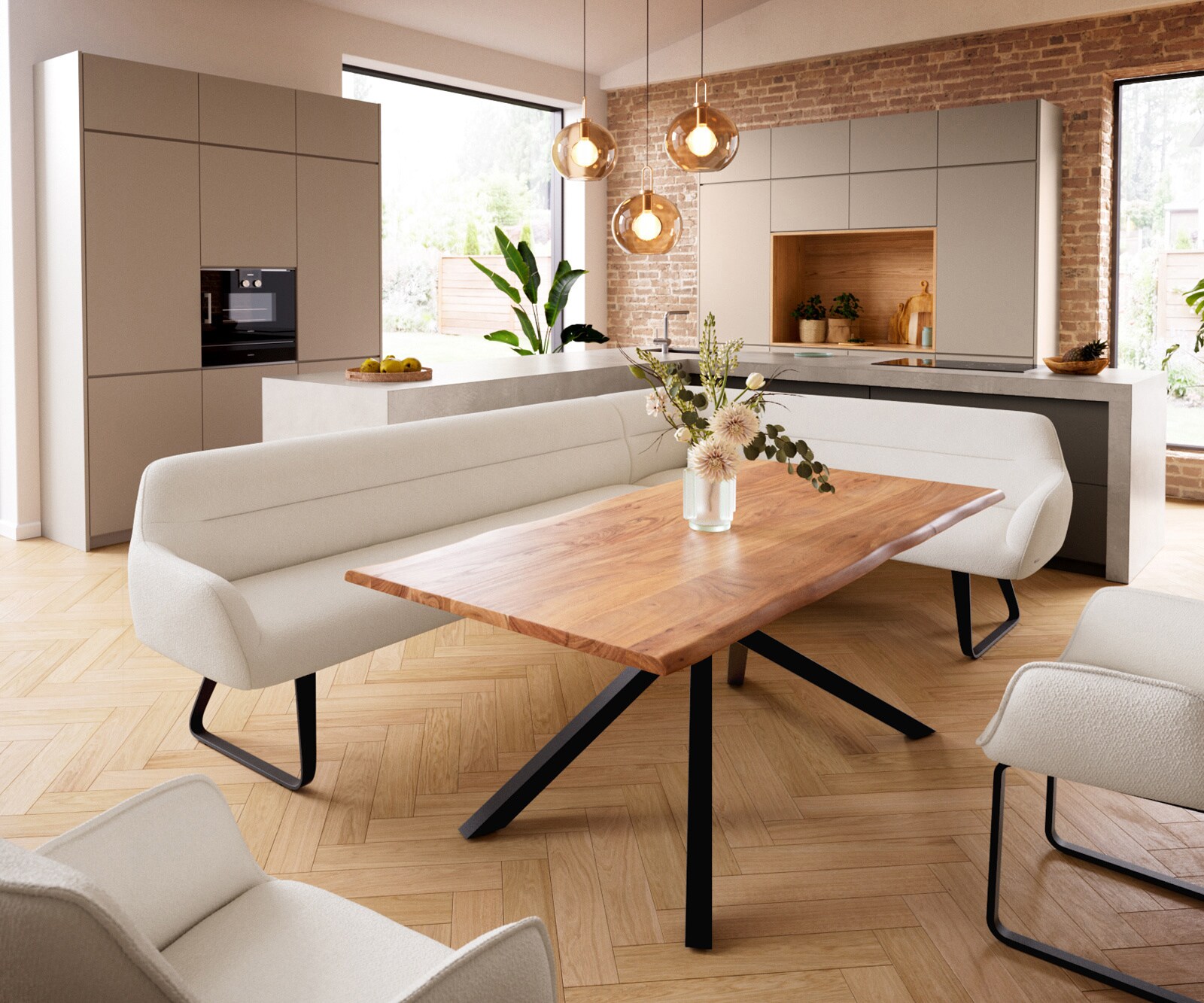 Esszimmerbank Taya-Flex 285x190 cm Bouclé Creme-Weiß Kufengestell flach Schwarz Taschenfederkern Links 1