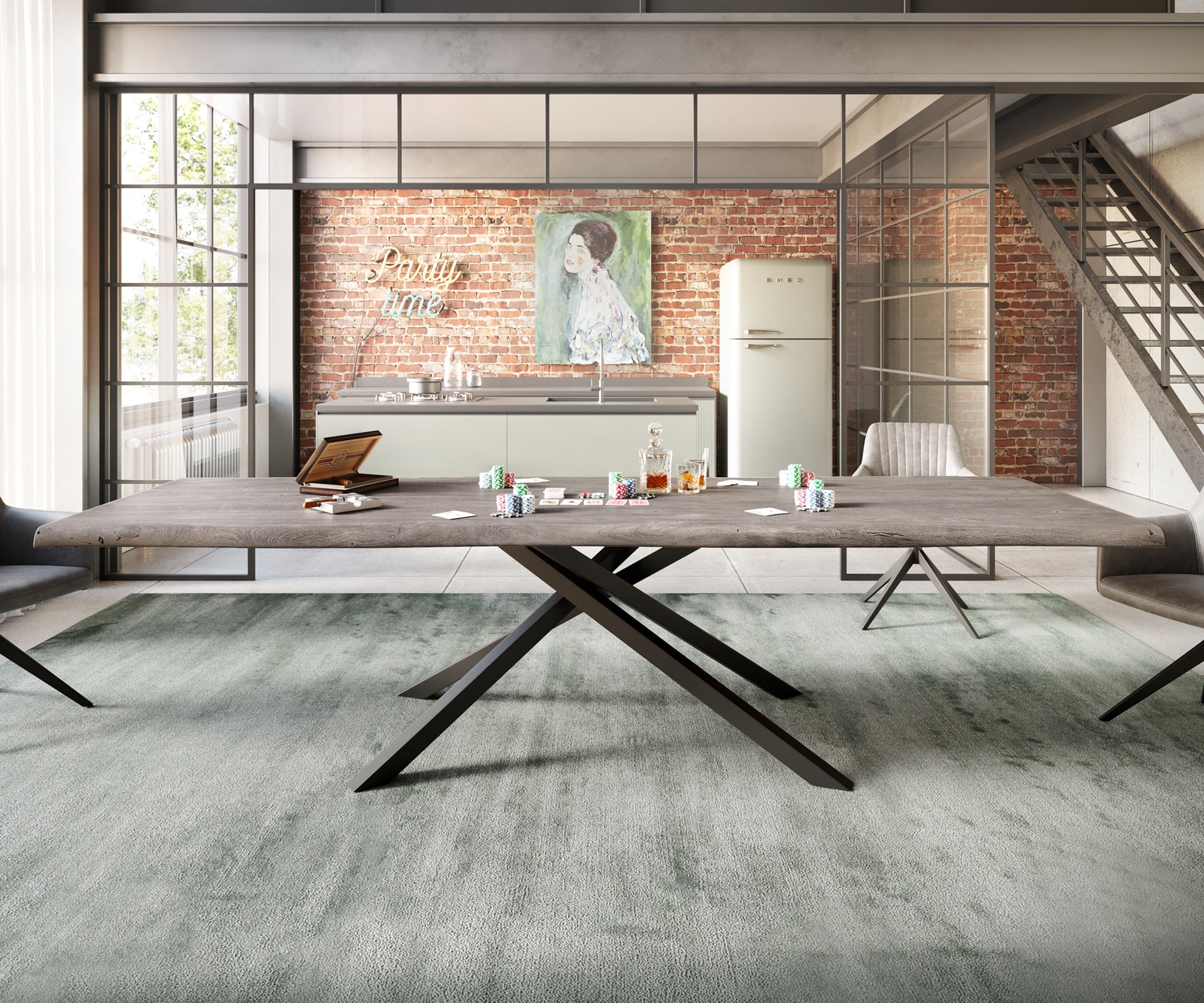 Esstisch Edge 300x100 XL Akazie Platin Kreuzgestell Rechteck Schwarz Live-Edge 6