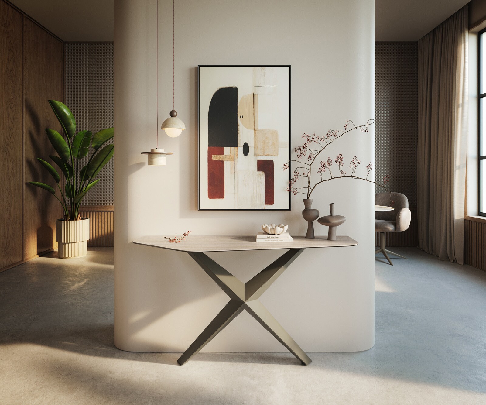 DELIFE Konsolentisch Edge Polygonal 140x50 cm Keramik Laminam Travertino Bianco Creme-Weiß Zentharo Metall Effektfinish Titan, Konsolentische - B140