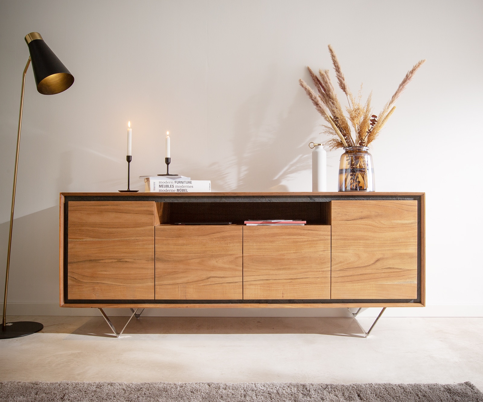 Sideboard Stonegrace 175 cm Akazie Natur 4 Türen 1 Fach Steinfurnier V-Fuß 1 Sideboard Stonegrace 175 cm Akazie Natur 4 Türen 1 Fach Steinfurnier V-Fuß 1