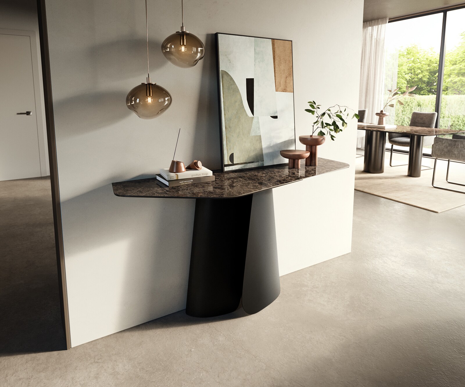 Konsolentisch Edge Polygonal 140x50 cm Keramik Emperador Extra Lucidato Dunkelbraun Livos Metall Schwarz 4