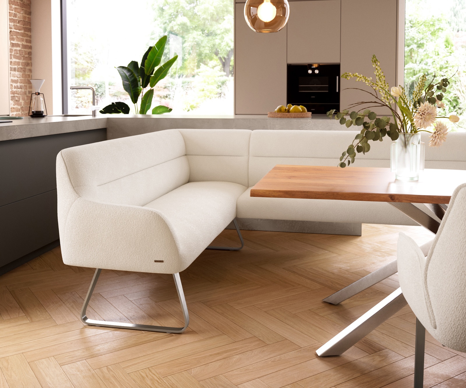 Esszimmerbank Taya-Flex 285x190 cm Bouclé Creme-Weiß Kufengestell flach Edelstahl Taschenfederkern Rechts 5