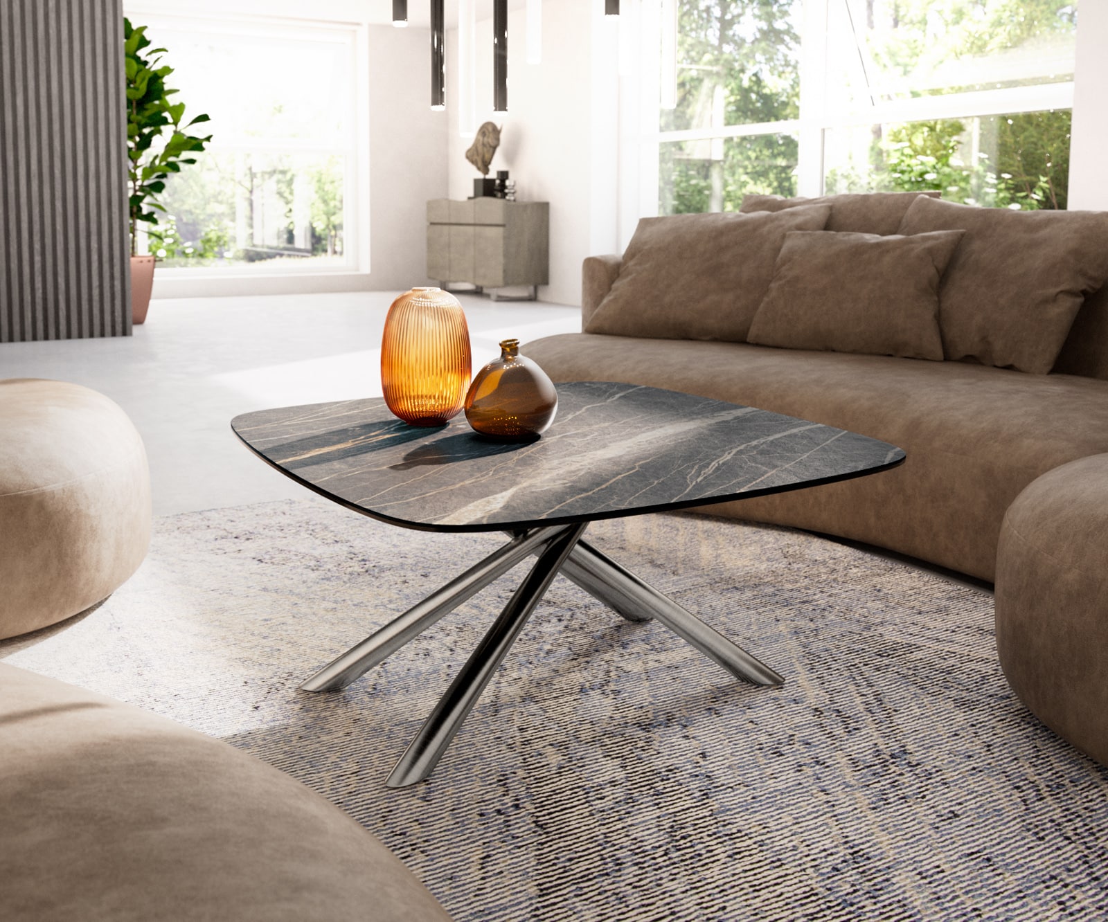 Couchtisch Edge Boot 90x90 cm Keramik Laminam® Noir Desir Braun Sarity Edelstahl gebürstet