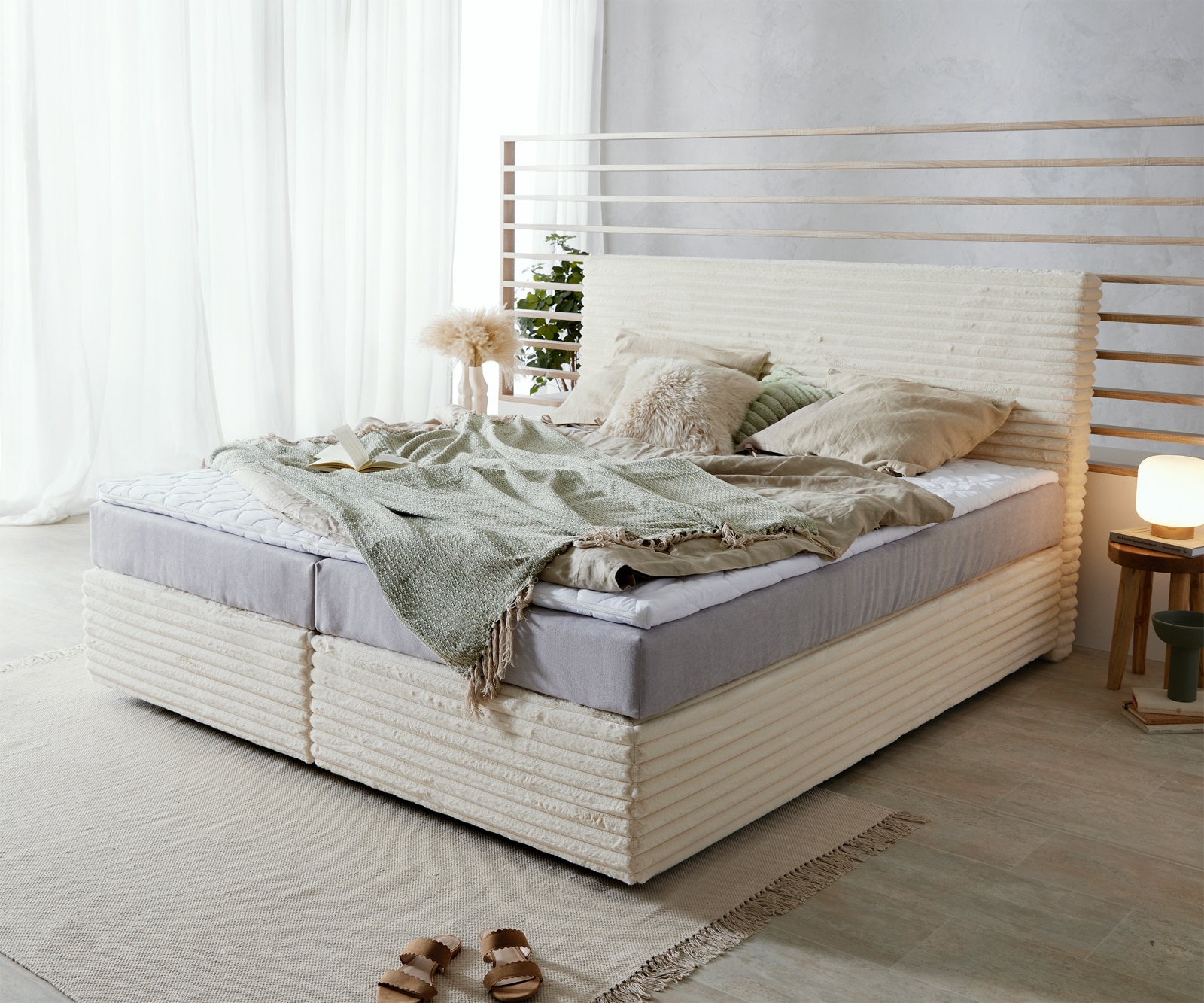 Boxspringbett Dream-Well Plüsch-Cord Beige 180x200 cm TFK-Matratze Visco-Topper