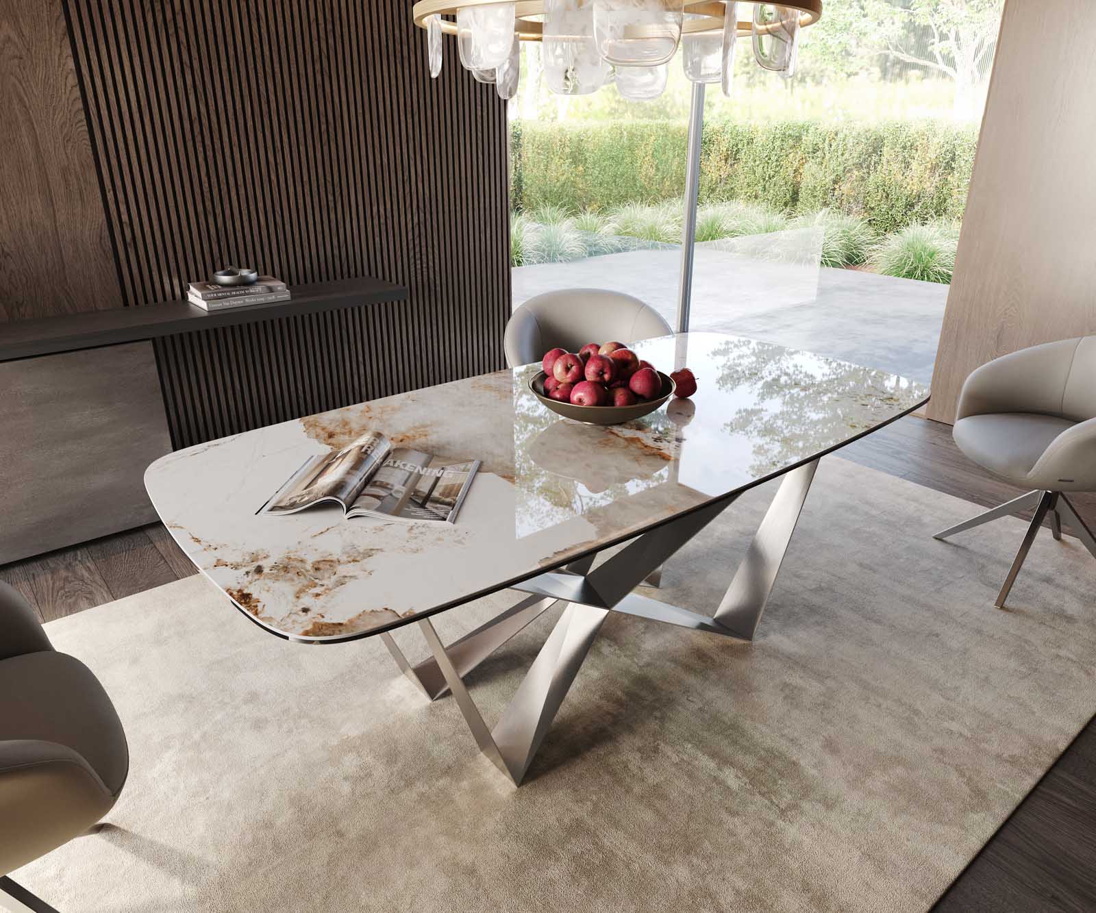 Esstisch Edge Boot 200x100 Keramik Minas Melange Weiß-Beige Spider Flachstahl Edelstahl