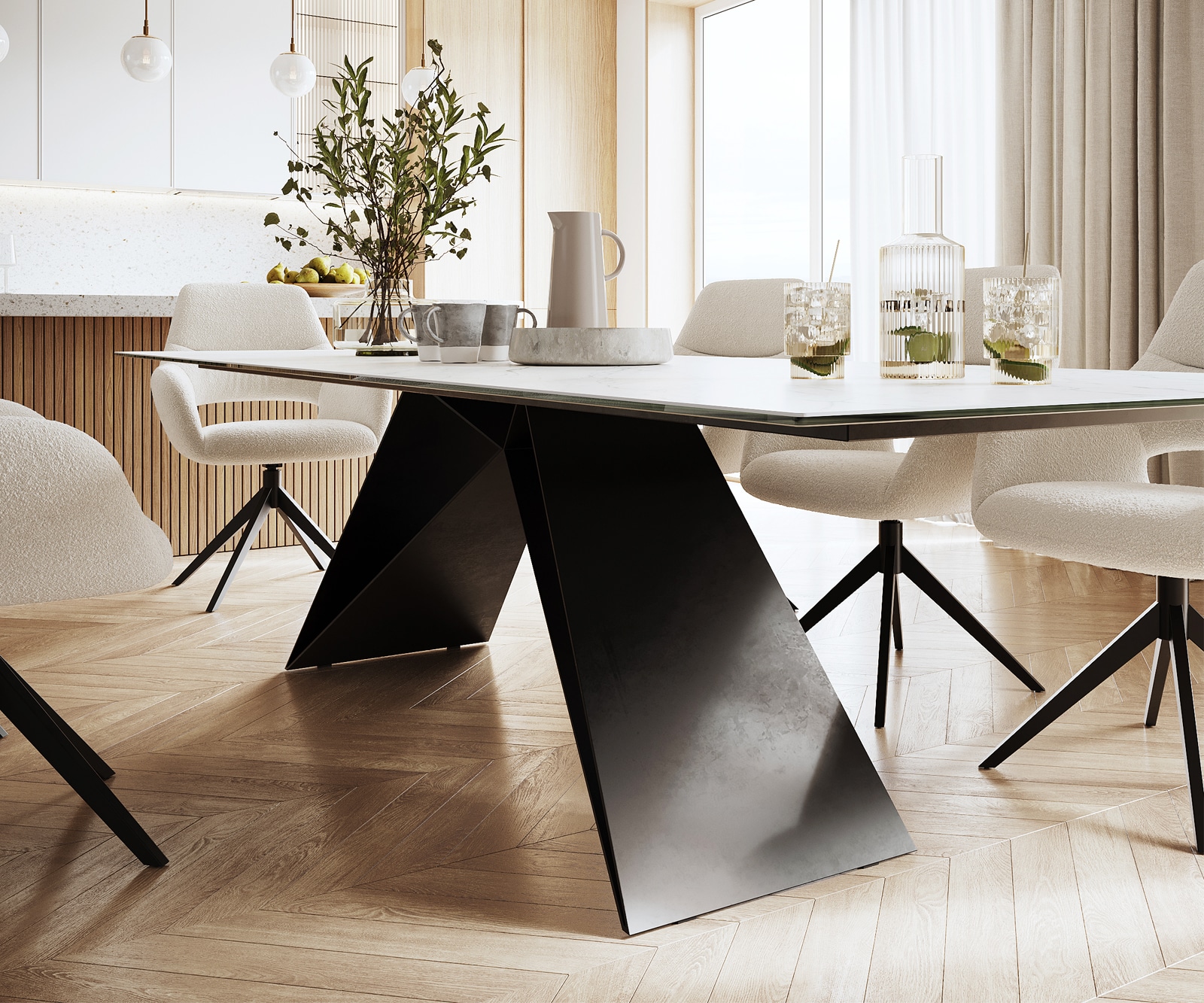 Esstisch Edge 300x100cm Keramik Laminam®Statuarietto Weiß V-Mittelfuß Schwarz 6