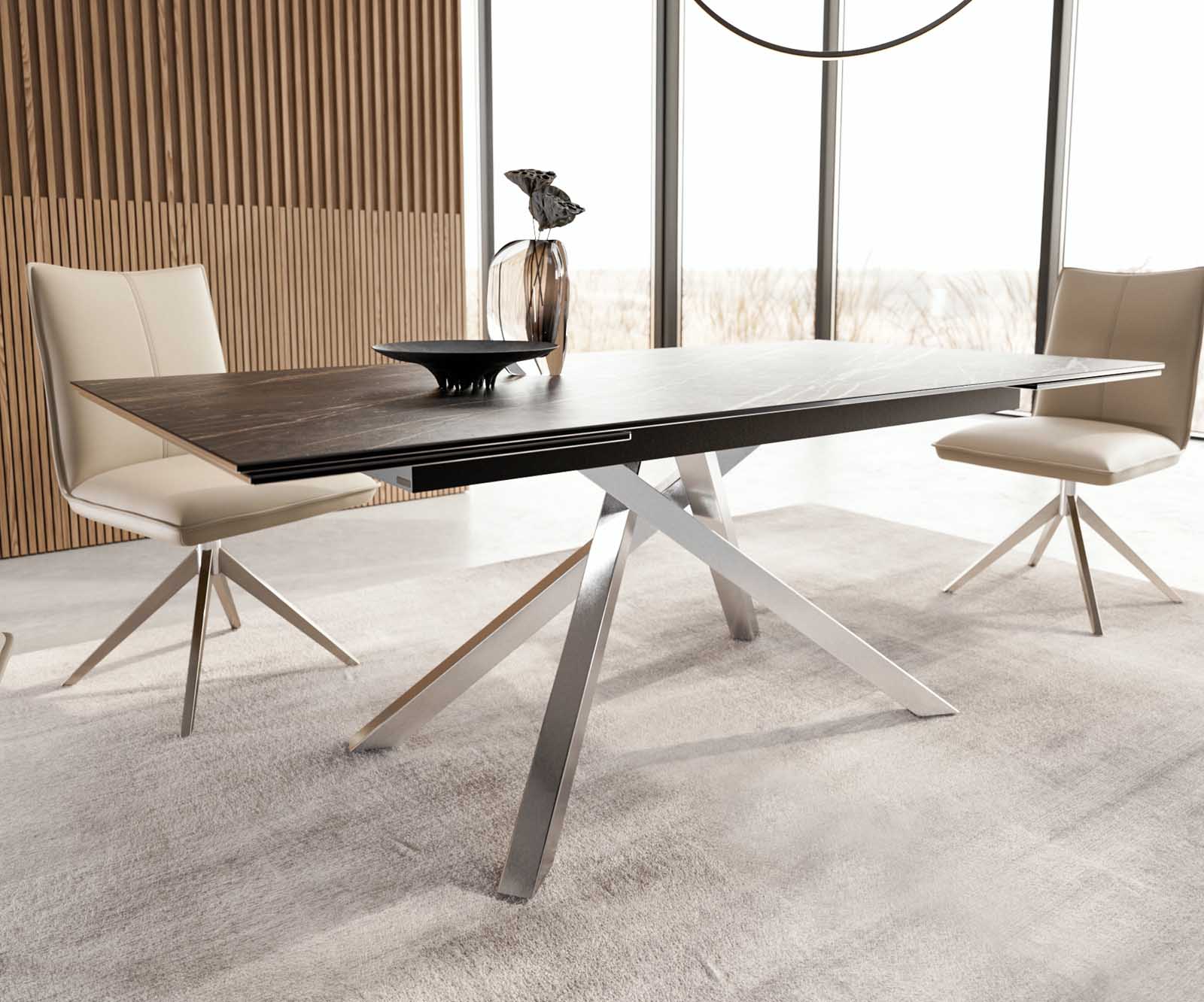 Esstisch Edge 200-300x100 Keramik Laminam®Noir Desir Braun Kreuzgestell Rechteck Edelstahl ausziehbar 5