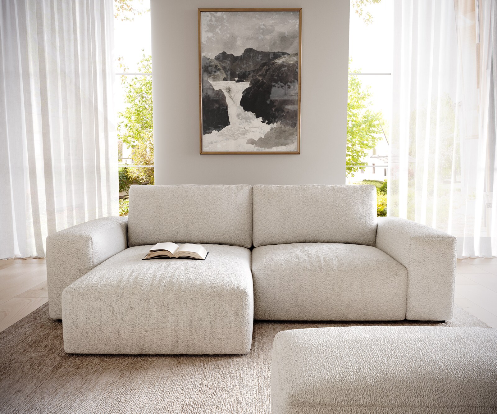 Ecksofa Lanzo 230x155 cm Bouclé Creme-Weiß Recamiere variabel mit Hocker 1