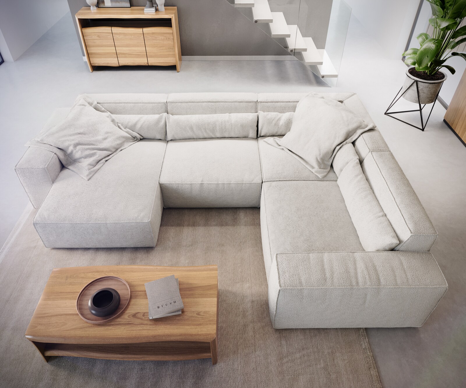 Wohnlandschaft Sirpio 300x200 cm Bouclé Creme-Weiß Recamiere variabel 5