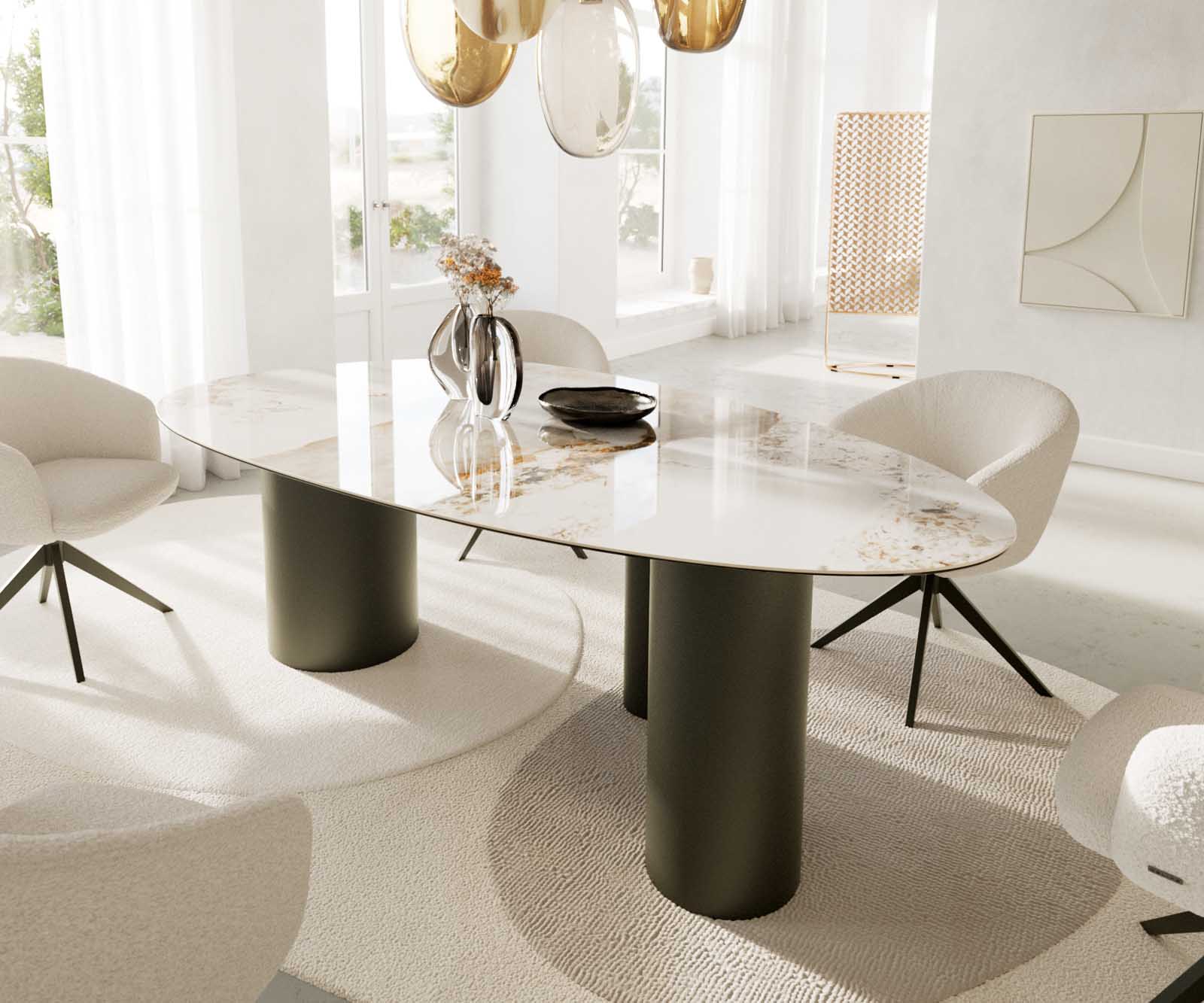 Esstisch Edge Oval 220x120 Keramik Minas Melange Weiß-Beige Troa Metall Effektfinish Titan 6