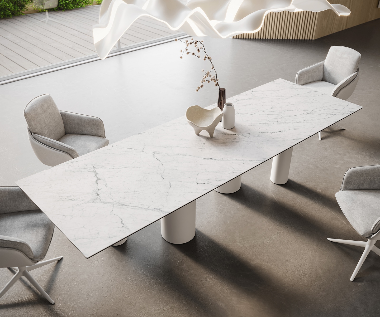 Esstisch Edge 300x100 Keramik Laminam®Statuarietto Weiß Pilier Metall Weiß 1 Esstisch Edge 300x100 Keramik Laminam®Statuarietto Weiß Pilier Metall Weiß 1