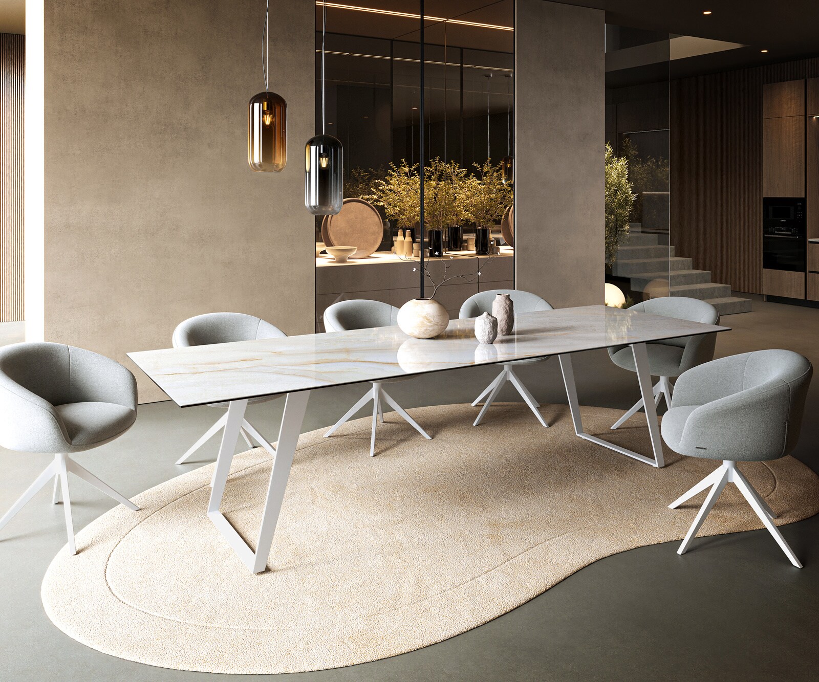 Esstisch Edge 300x100 cm Keramik Onyx Pearl Metall Schräg Weiß 6